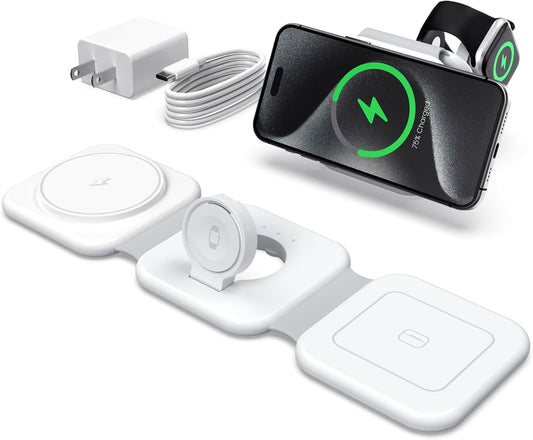 Charging Station for Apple Multiple Devices: 3 in 1 Travel 25W Faster Foldable Magnetic Wireless Charger - Charging Pad for iPhone 16e 16 15 14 13 12 Pro Max Plus Watch & Airpods - Desk Gifts, White