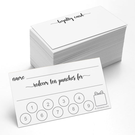 321Done Loyalty Punch Cards, Made in USA - Customer Reward Card 3.5x2 White, Business Card Size, Redeem 10 Punches or Visit for Prize - Pack of 100