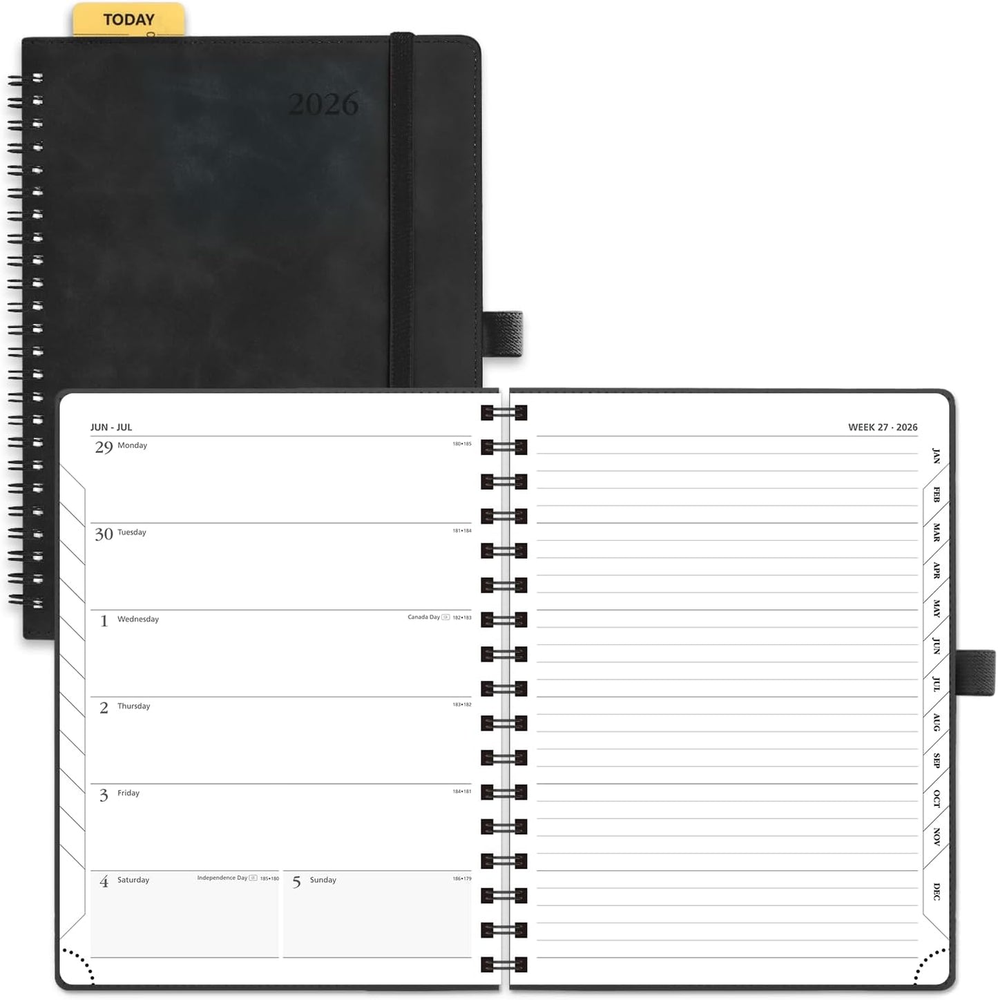 POPRUN 2026 Planner Weekly Notebook (Jan-Dec), Medium 8.5''x 6.5'' - Agenda 2026 Calendar Book with Monthly Tabs, Inner Pocket, Spiral Soft Cover, 100 GSM - Black