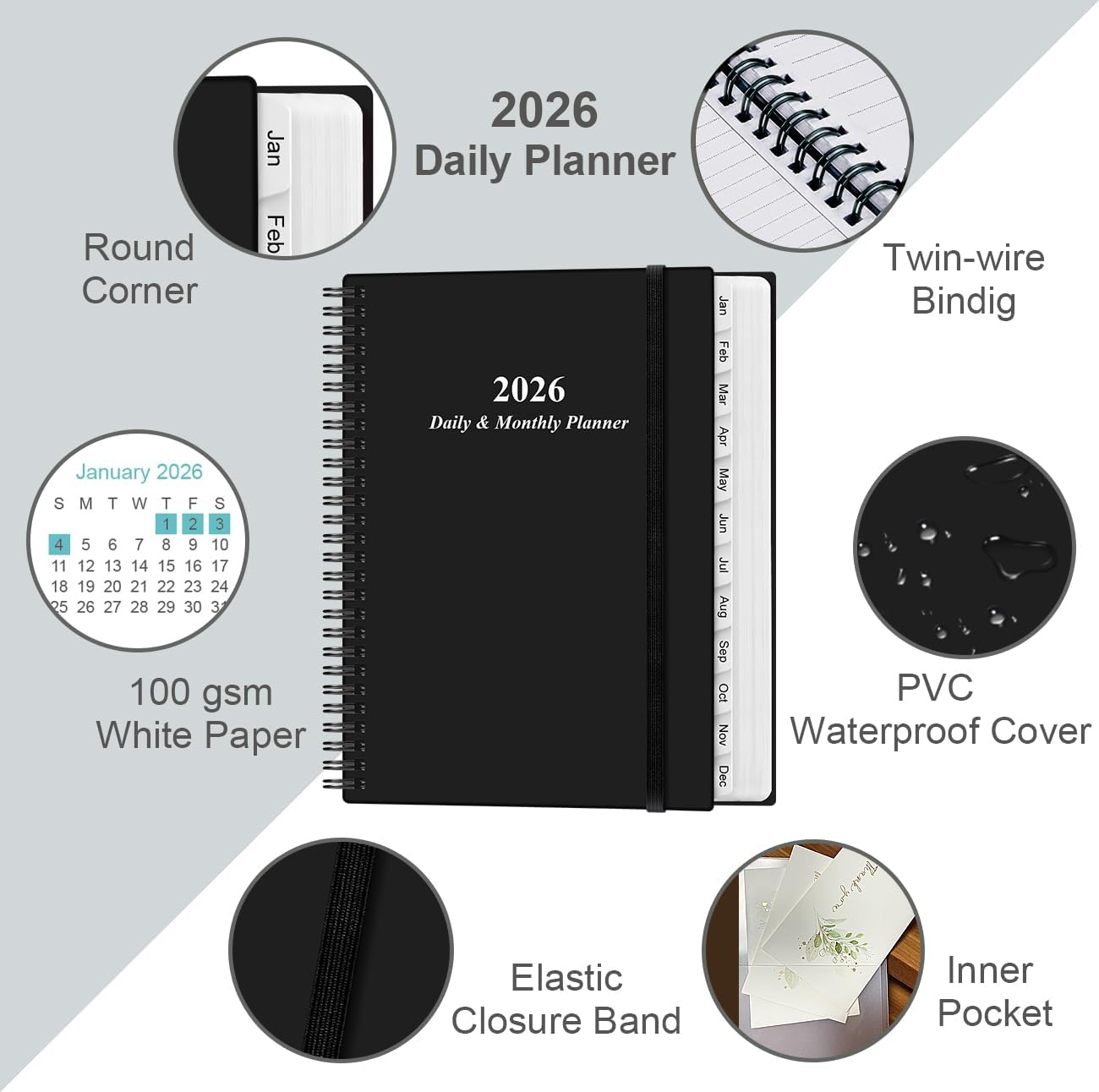 2026 Daily & Monthly Planner - One Page Per Day, Daily Planner from January 2026 - December 2026, Planner 2026 with 12 Monthly Tabs, 8.5" x 11", Black