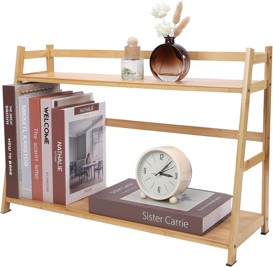 Countertop Organizer Bamboo Spice Rack 2-Tier Desktop Bookshelf Wooden Storage Stand for Kitchen, Office and Dorm, Desk Organizer for Books and Decor (Large)