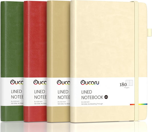 Oucaru Lined Journal Notebook, 4 Pack, 180 Pages, A5 Journals for Writing, 100 GSM Thick Paper, Small Notebooks Daily Journal for Women Men Work, Business, School, Travel Supplies