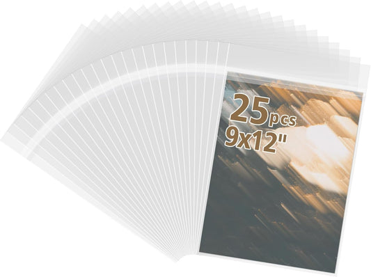 Frametory, 25 Pack 9 7/16"x12 1/4" Acid-Free Clear Plastic Bags, Self Seal Crystal Photo Sleeves for 9X12 Framing Mat Mattes, Prints, A4 & Letter Sized Documents