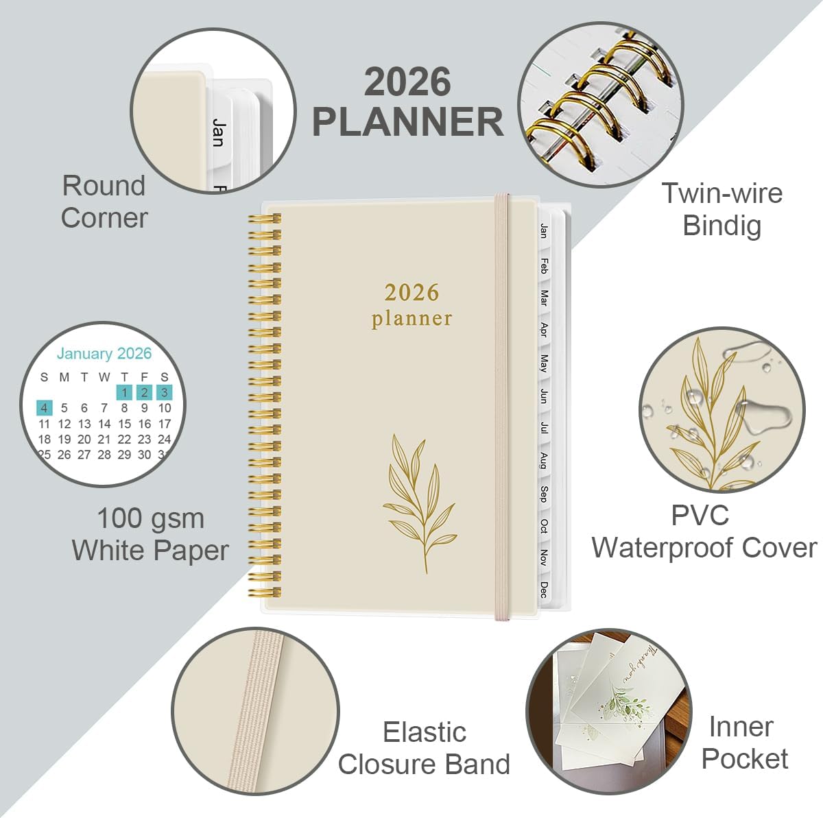 2026 Planner - Academic Planner 2026 from January 2026 - December 2026, Weekly & Monthly Planners Spiral Bound with 12 Monthly Tabs, Inner Pocket, 6.4" x 8.5", Beige
