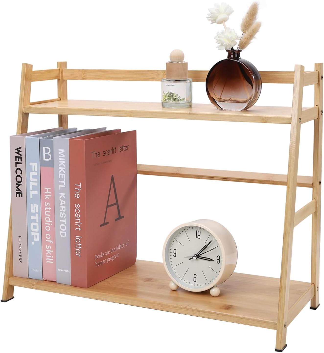 Countertop Organizer Bamboo Spice Rack 2-Tier Desktop Bookshelf Wooden Storage Stand for Kitchen, Office and Dorm, Desk Organizer for Books and Decor (Medium)