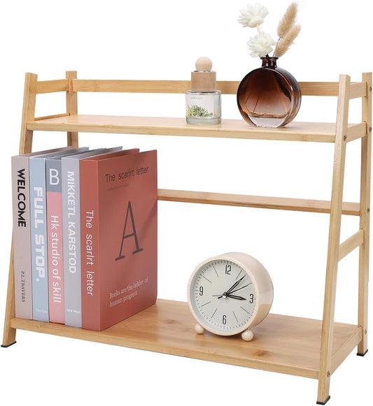 Countertop Organizer Bamboo Spice Rack 2-Tier Desktop Bookshelf Wooden Storage Stand for Kitchen, Office and Dorm, Desk Organizer for Books and Decor (Medium)