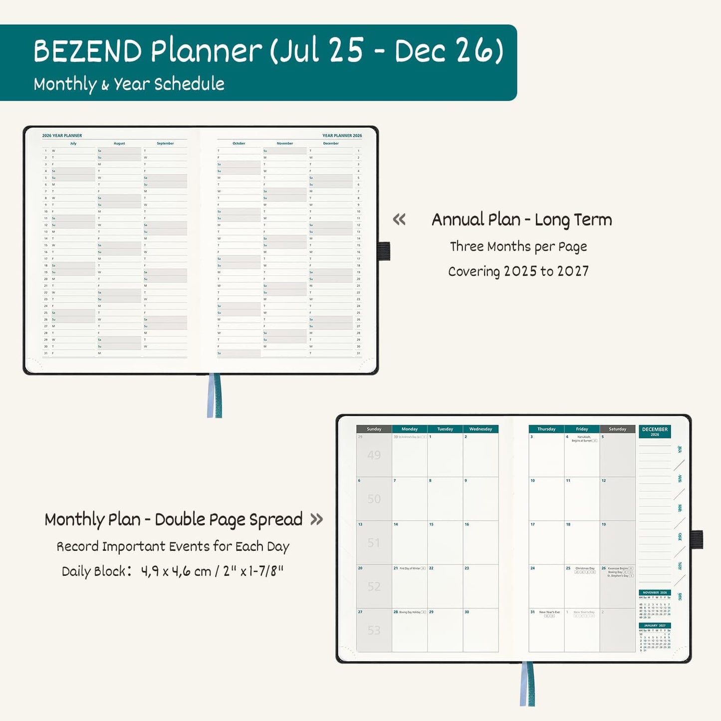 BEZEND Weekly Planner 2025-2026 with 2 Columns, 8.5" x 11" Academic Calendar 18 Months (Jul 25-Dec 26) Life Work Appointment Book with Monthly Tab, PU Leather Hardcover - Evergreen