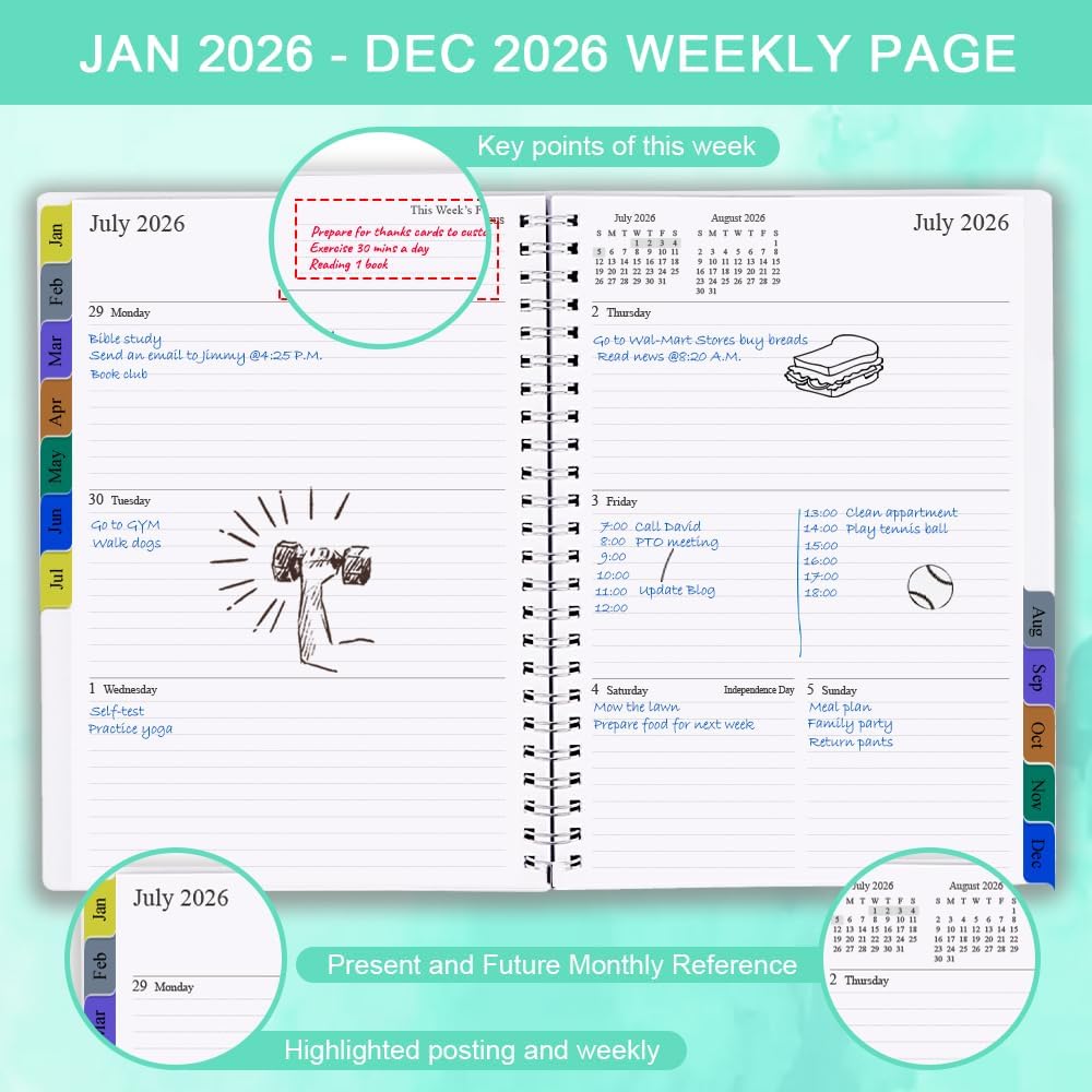 2026 Planner - Weekly & Monthly Planner Runs January 2026 to December 2026, 6.25" x 8.25", 12 Monthly Tabs, 14 Notes Pages, Inner Pocket, Flexible Cover with Twin-Wire Binding, Planners 2026