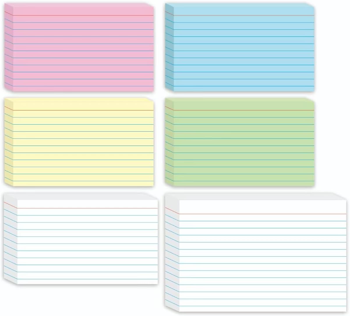 KAISA Colored Index Cards - 3"x5" & 4"x6" Mixed, 6 Pack, Ruled, Blank on Back, Made in USA