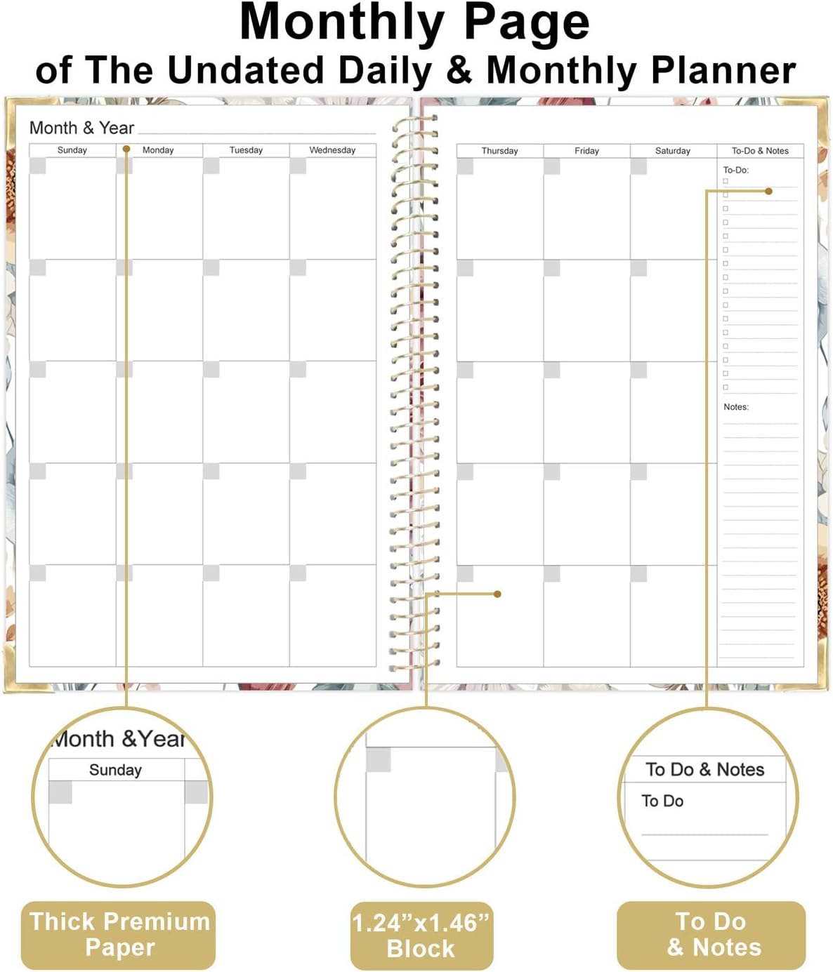 Undated Daily Monthly Planner for 2025 2026 - A5 To Do List with Hourly Schedule, Hardcover Spiral Bound Daily Planner to Increase Focus, Stylish School/Office Supplies, 5.8" x 8.5", Flower