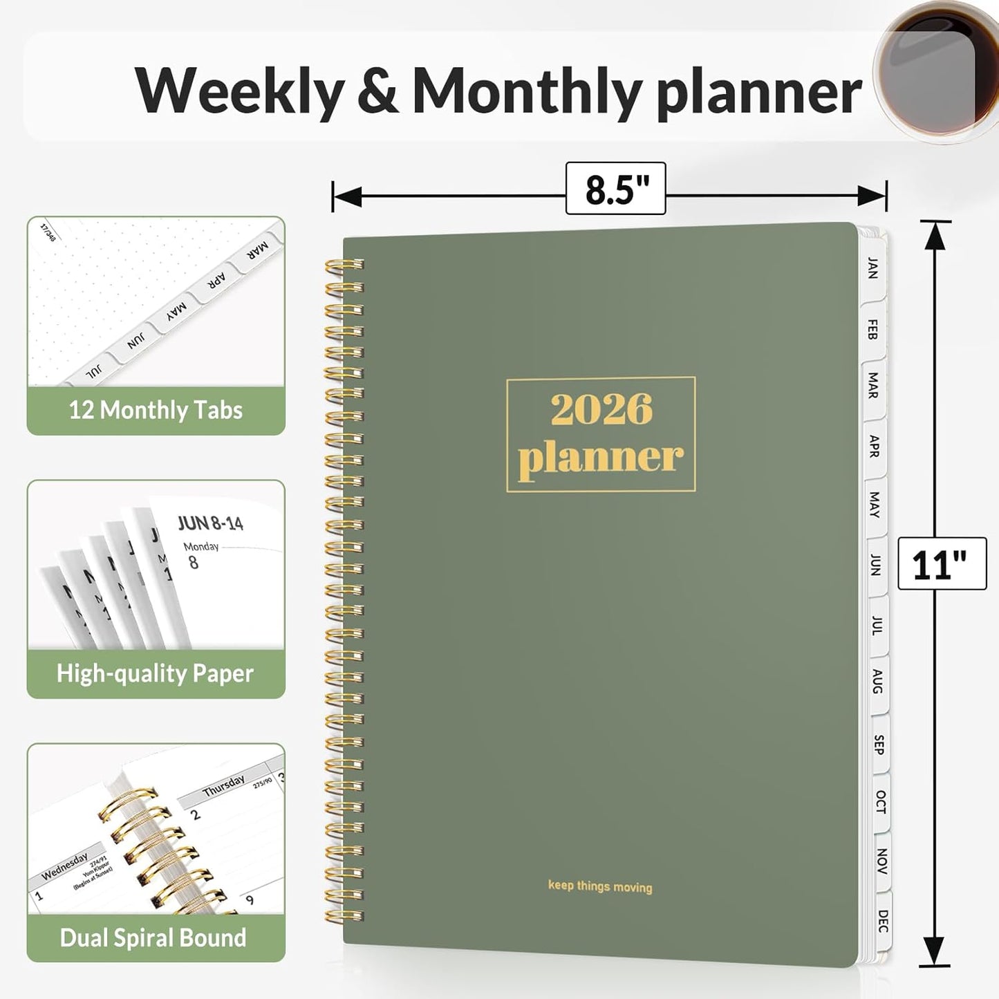 SUNEE Planner 2026 Weekly and Monthly, January 2026-December 2026, 8.5"x11", Tabs, Note Pages,Spiral Binding, Sage Green