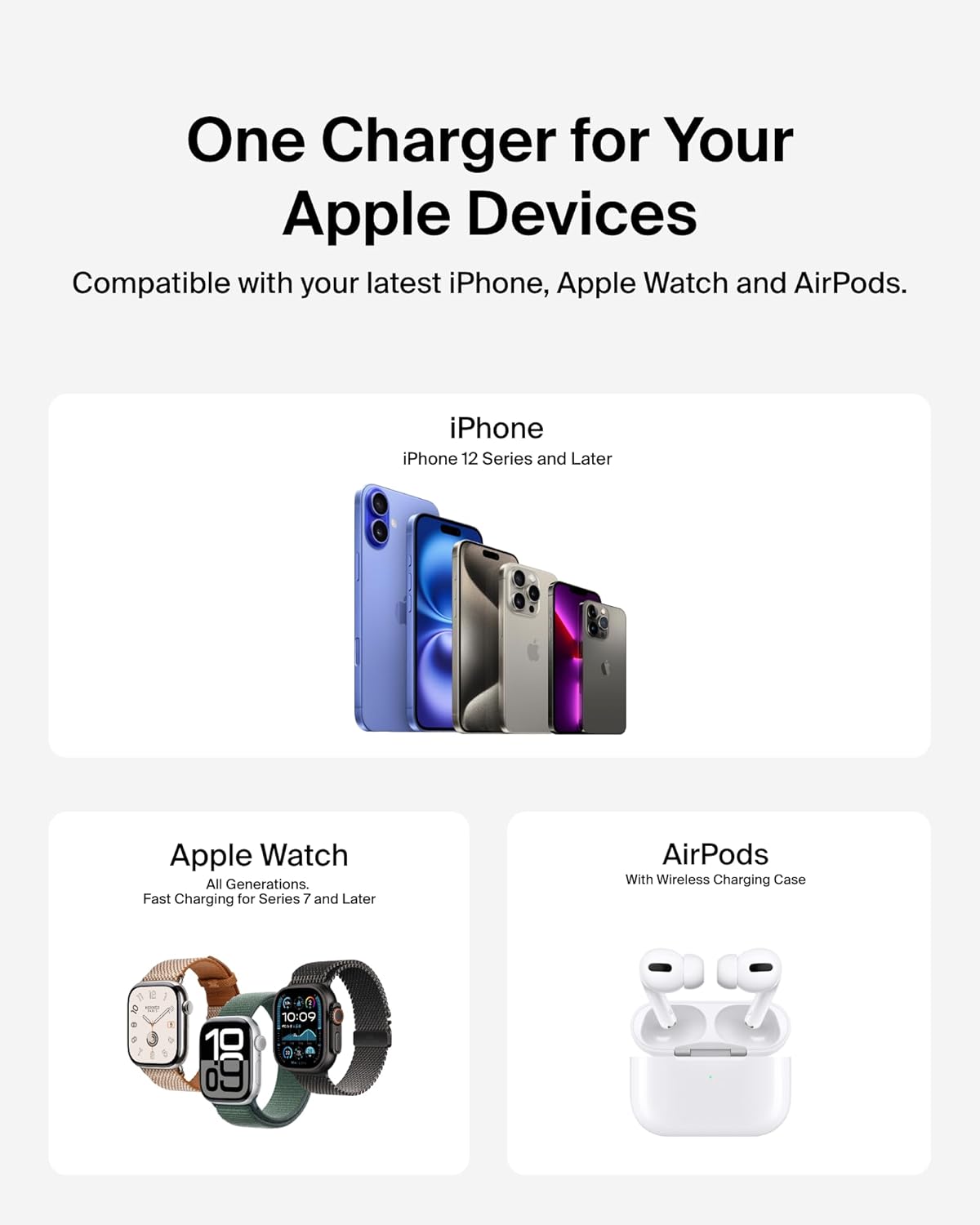 Belkin 3-in-1 MagSafe-Compatible iPhone Charger 15W, Foldable Magnetic Qi2-Certified Wireless Charging Station for iPhone 17, Apple Watch Series 10, AirPods 4, Pixel 10, w/Non-Slip Base & PSU - Black