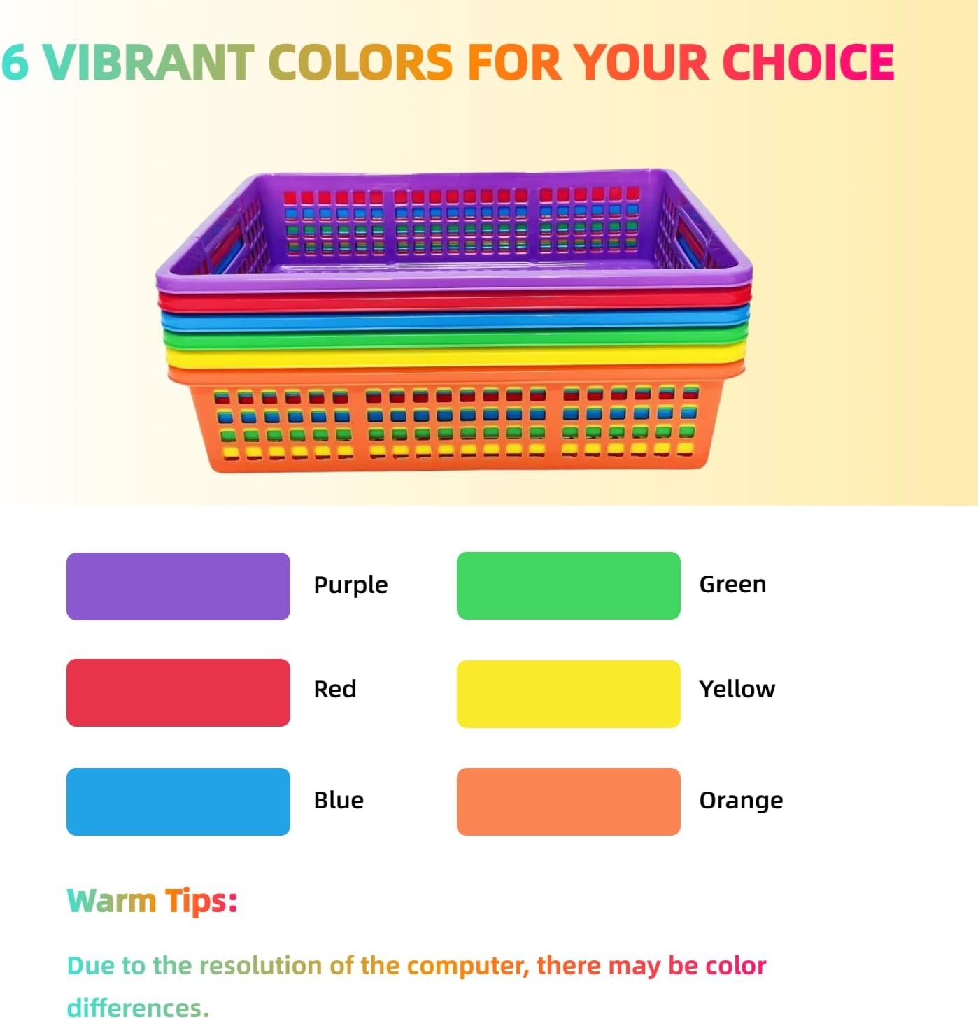 6 Pack Plastic Turn in Paper Trays for Classroom, Colorful Storage Bin Basket Organizers for School Supplies, Classroom Organization and Storage Tray Holds 4A Paper