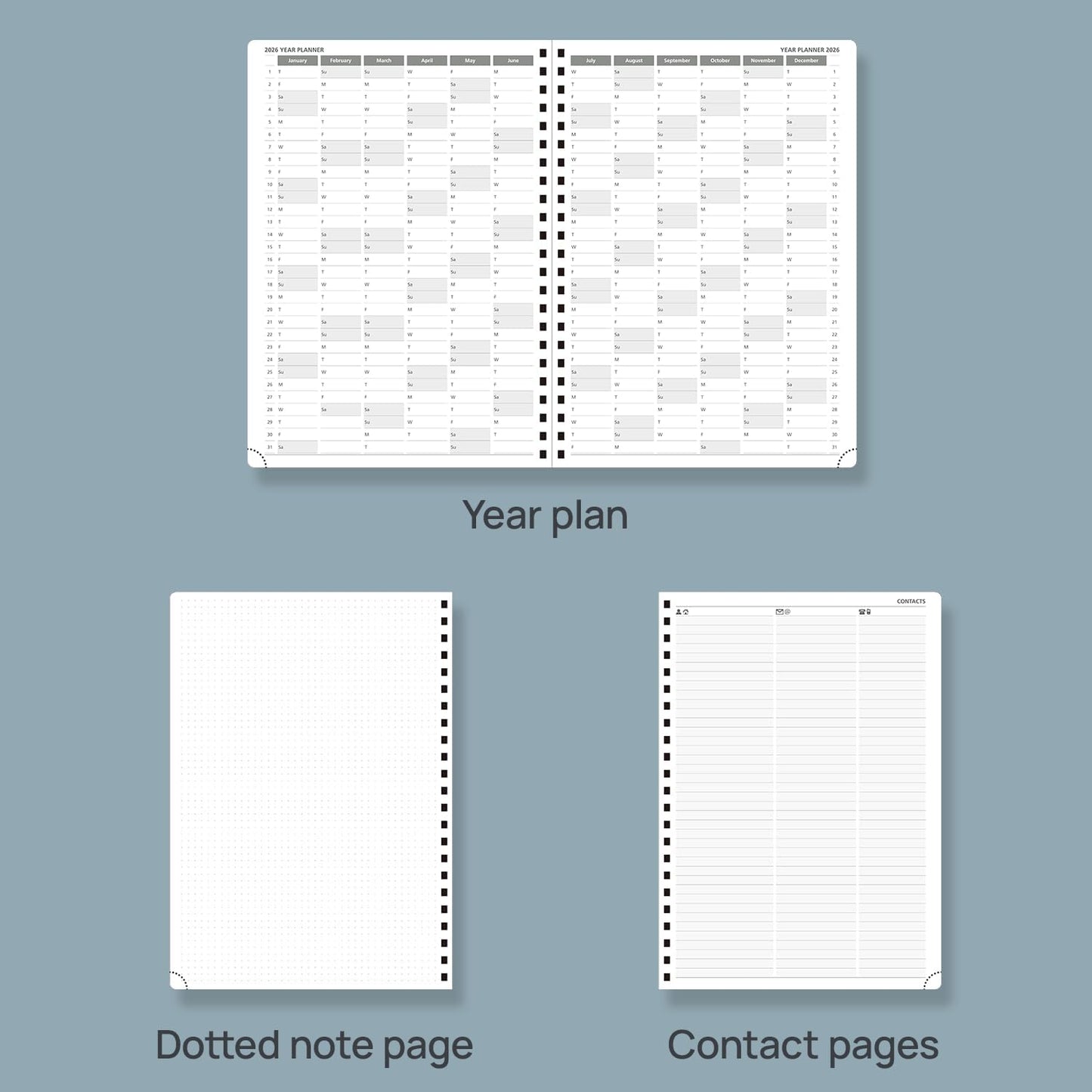 POPRUN 2026 Daily Planner One Page A Day - [A4 Large Size 8.25" x 12" -Spiral Hard Cover], Agenda 2026 Hourly Appointment Book with Monthly Calendar, Pen Holder, Ivory Paper -Haze Blue