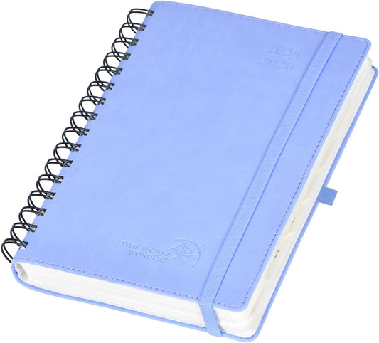 POPRUN Daily Planner 2025-2026 One Page per Day (6'' x 8.5'') with Spiral Bound Leather Soft Cover, Academic Year Appointment Book (Jul.2025 - Jun.2026) with Hourly Slots, Inner Pocket- Cornflower