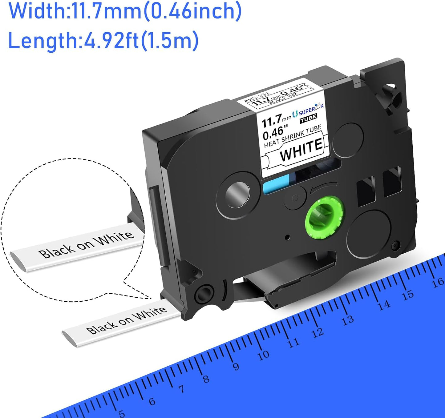 10PK Compatible for Ptouch HSe-231 HSe231 HS-231 HS231 Black on White 11.7mm 0.46'' Heat Shrink Tubing for Wire Cable for PT300 PT-300B PT310 PT310B PT320 Label Maker Tape
