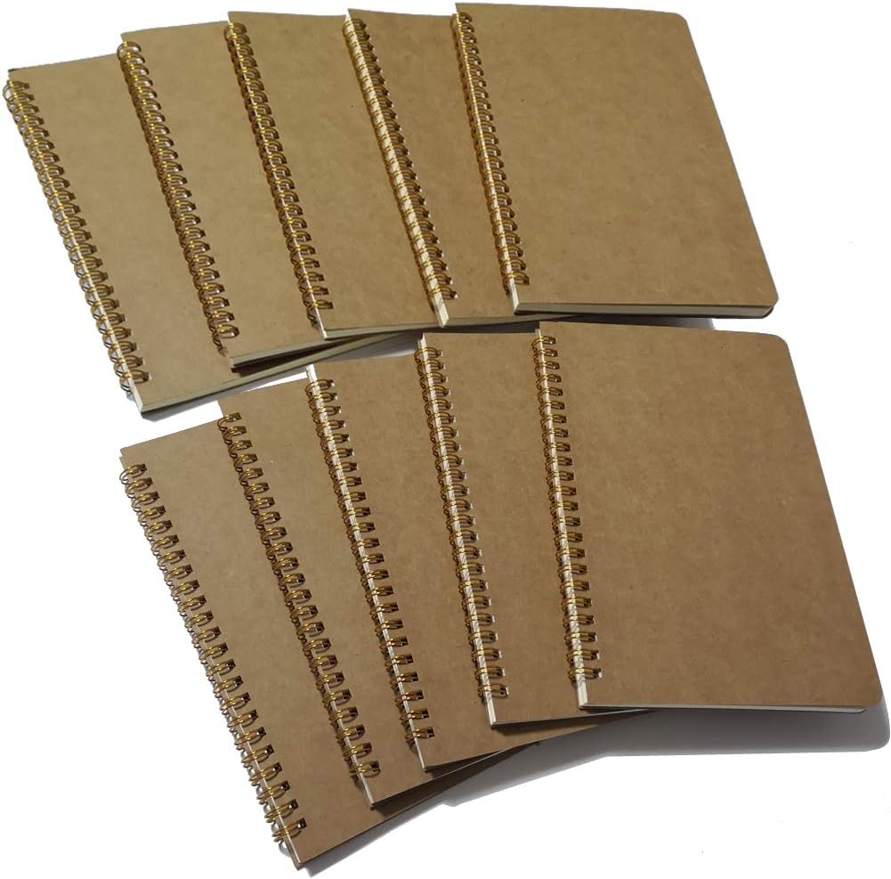 YUREE Softcover Spiral Notebook/Spiral Journal, 50 Sheets (100 Pages) Square Grid Notebook, 10 Notebooks Per Pack, A5, 8.5" x 5.7", Brown