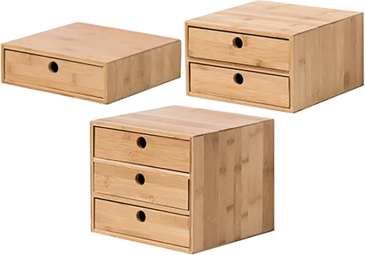 Set of 3 Bamboo Organizer Desktop Drawers - 1, 2, 3 Drawer Storage Organizer Ideal for Desk Accessories, Office Supplies, Makeup Storage & More - Tabletop Wood Box Stackable Drawers