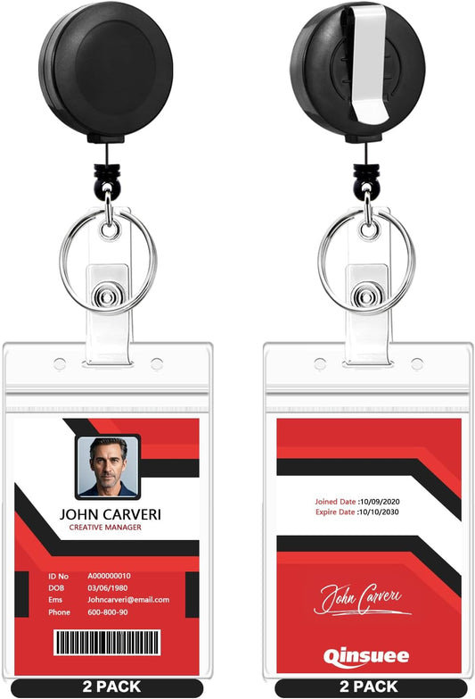 2 Pack Badge Reels Retractable with Key Rings, ID Badge Holder with 2 pcs Waterproof Extra Thick ID Card Holders, Belt Clip (Black)