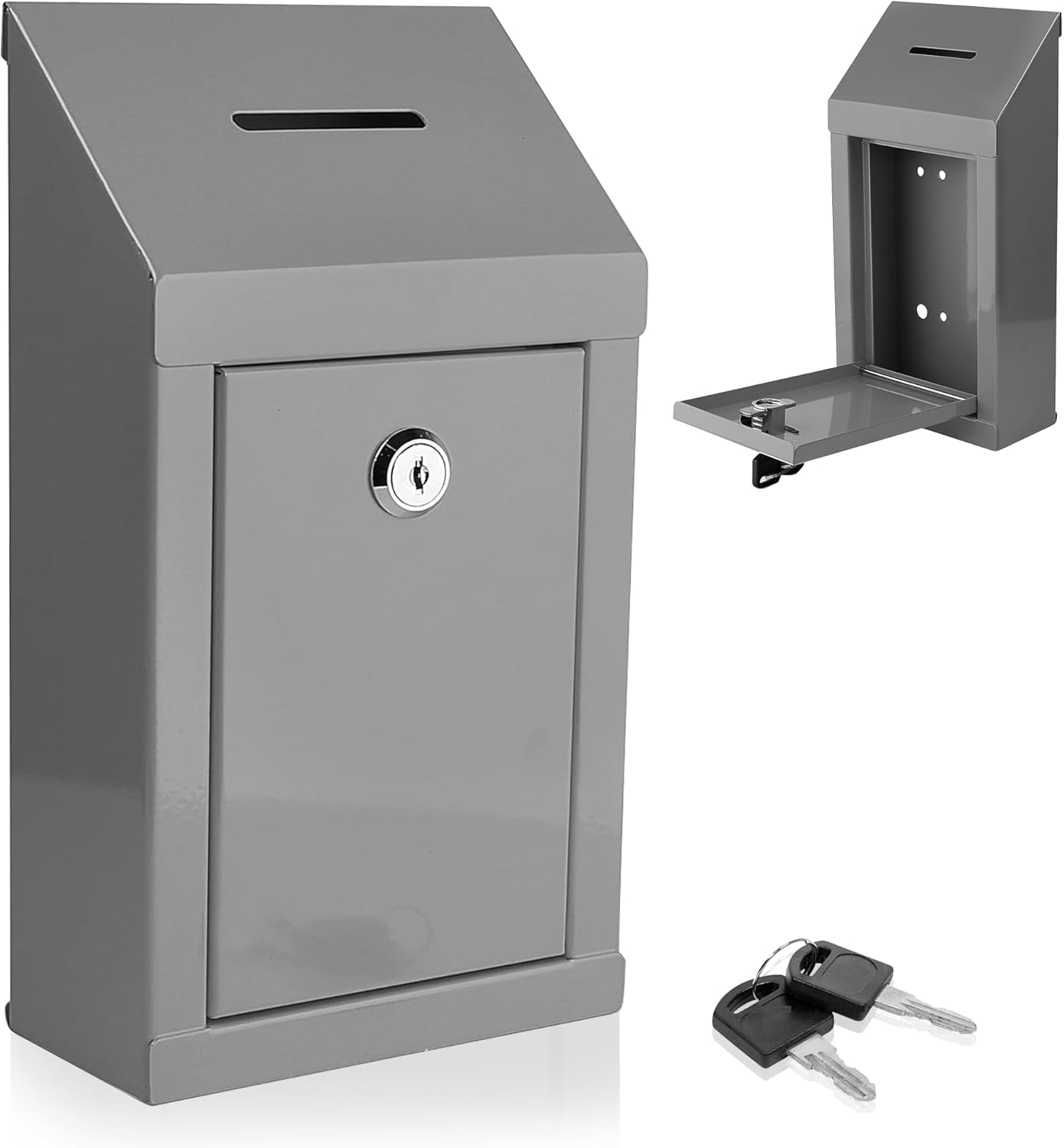 Metal Donation Box-Suggestion Box with Slot and lock-Cash Lock box for Money-Secure Drop Box-Comment and ballot voting box-comes with pre-drilled holes for easy wall mounting 10 X 6 X 2.5"(Grey)