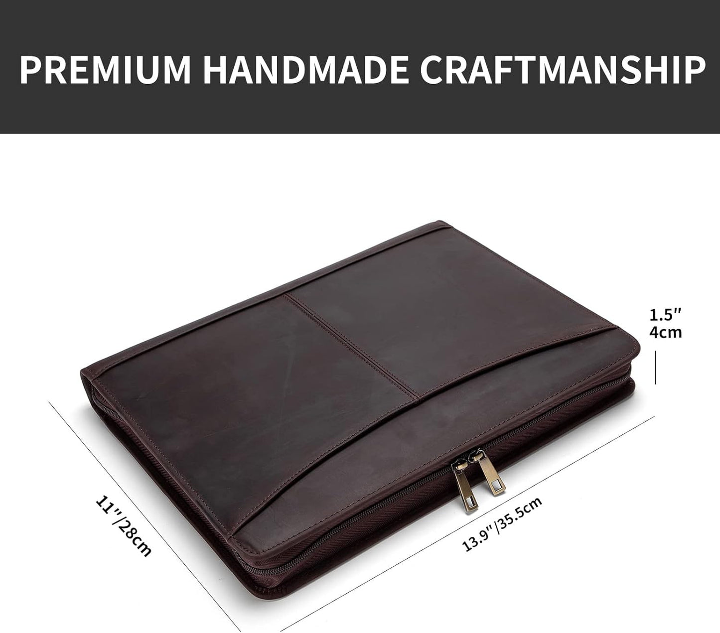 Personalized Genuine Leather Portfolio with Front Pocket for Men and Women, Custom Engraved Zippered Padfolio Binder for 8.5 x 11 Legal Pad Notebook, Professional Laptop Case, Dark Brown