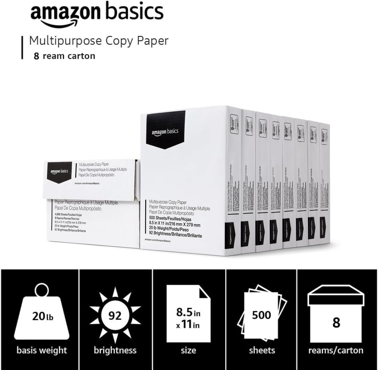 Amazon Basics Multipurpose Copy Printer Paper, 20 lb, 8.5 x 11 Inches, 8 Reams (4,000 Sheets), 92 Bright, White