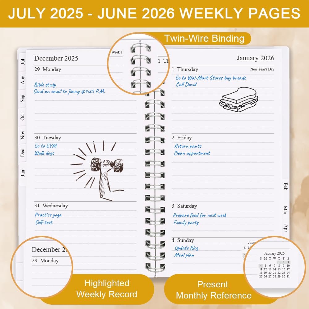 Pocket Planner 2025-2026, A6 Weekly Planner with Monthly Tabs, Run Jul 2025-Jun 2026, Elastic Closure, Twin-Wire Binding, Easy to Organize Your Daily Life, 3.75 x 6.75 In, 2025-2026 Pocket Planners