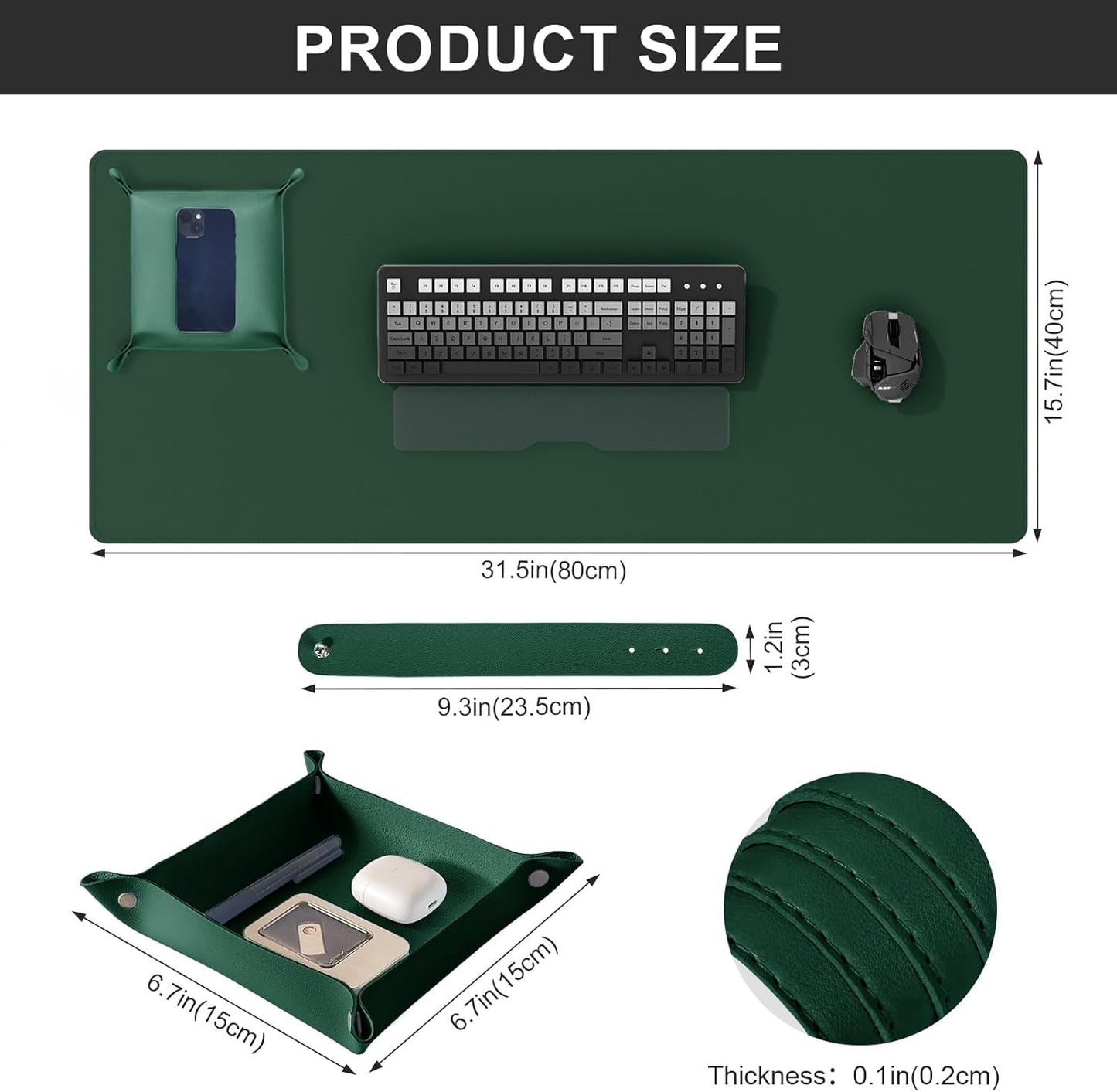 DAWNTREES Dual Sided Desk Mat,Leather Desk Pad,Cork Desk Mat Protector,with PU Leather Valet Tray Organizer,Large Mouse Pad,Desk Writing Pad for Office and Home(Dark Green 31.5"x15.8")