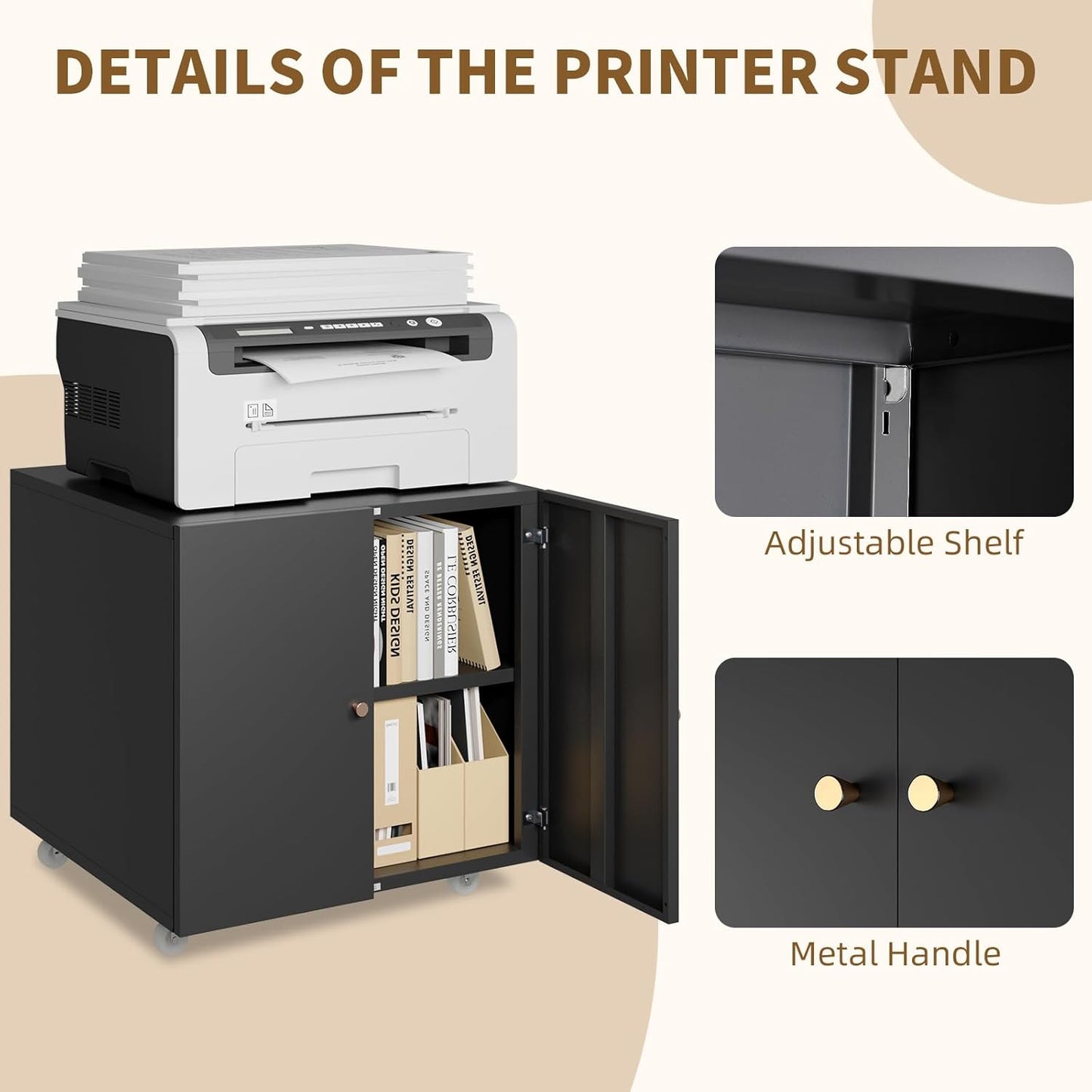 Printer Stand with Storage, 3D Heavy Duty Printer Table with Shelves, Large Printer Table for Home Office, Black Printer Stand on Wheels with Doors, Metal Fax Machine Stand for Workplace