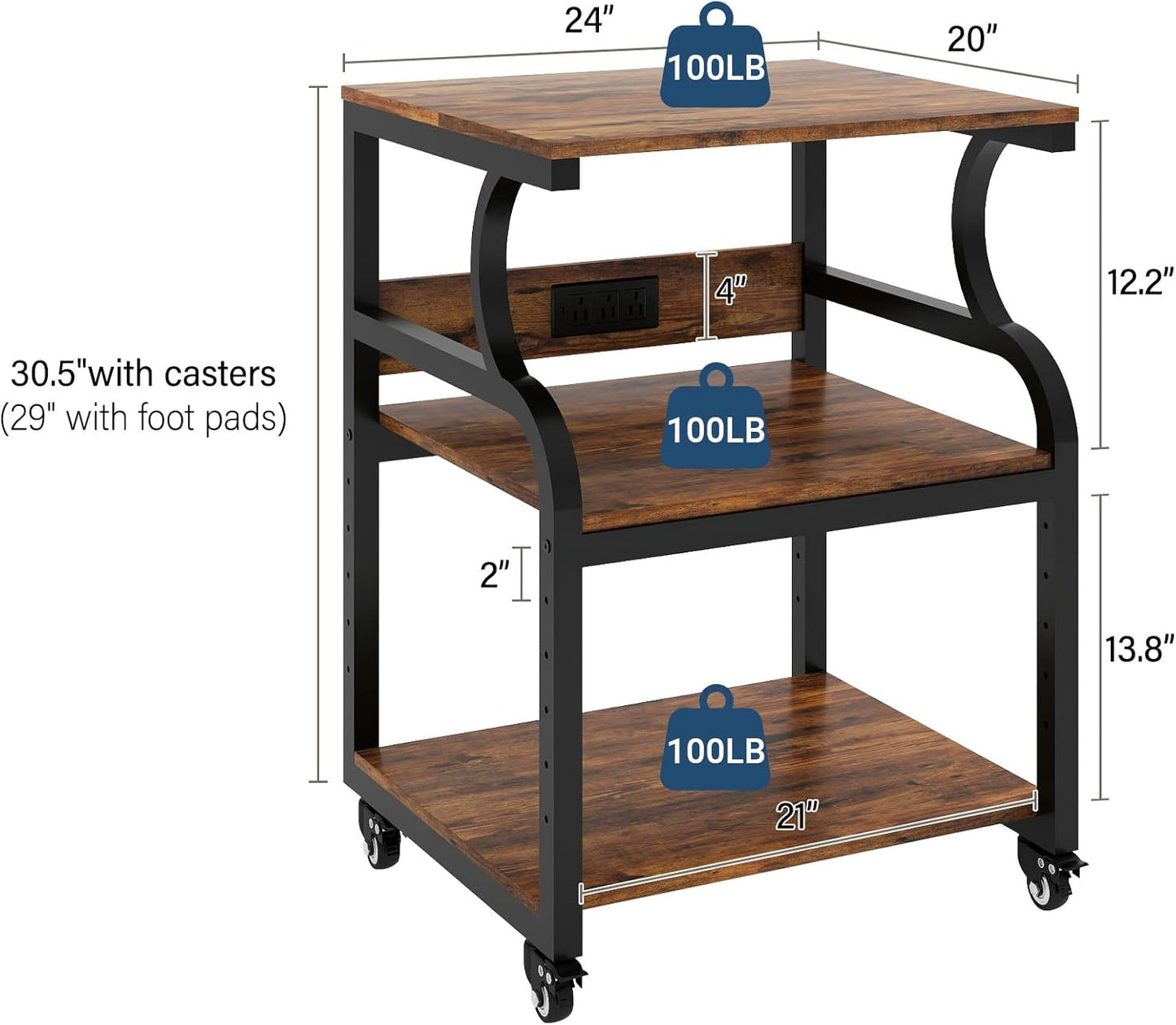 Natwind Large 3-Tier Rolling Printer Cart with Adjustable Shelf, 24”x20” Mobile Stand for Heat Press, 3D Printer, Home Office Multifunctional Shelves with Locking Wheels (Retro)