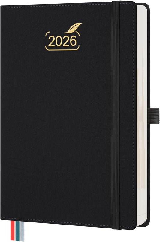 BEZEND Daily Planner 2026 (6" x 8.5") Full Page per Day Even Weekend (Jan-Dec) Monthly Calendar with Tabs, 2 Columns for Dual Schedule with Note, Vegan Leather Hardcover in Black