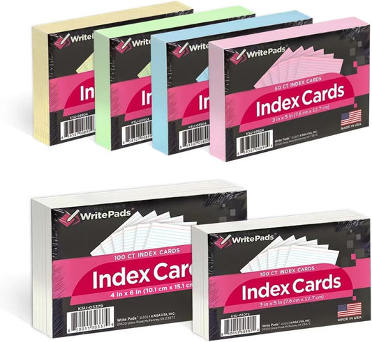 KAISA Colored Index Cards - 3"x5" & 4"x6" Mixed, 6 Pack, Ruled, Blank on Back, Made in USA