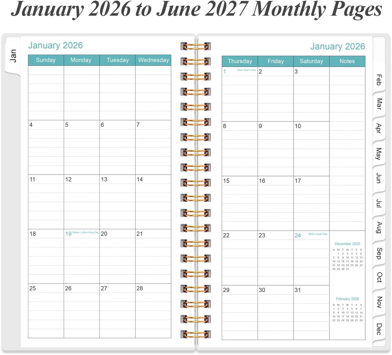 2025-2026 Monthly Planner - July 2025 - December 2026, Two Pages Per Month, 18 Monthly Calendar/Planner with Tabs, Strong Twin-Wire Binding, Inner Pocket, 3.75" x 6.5", Blue Watercolor