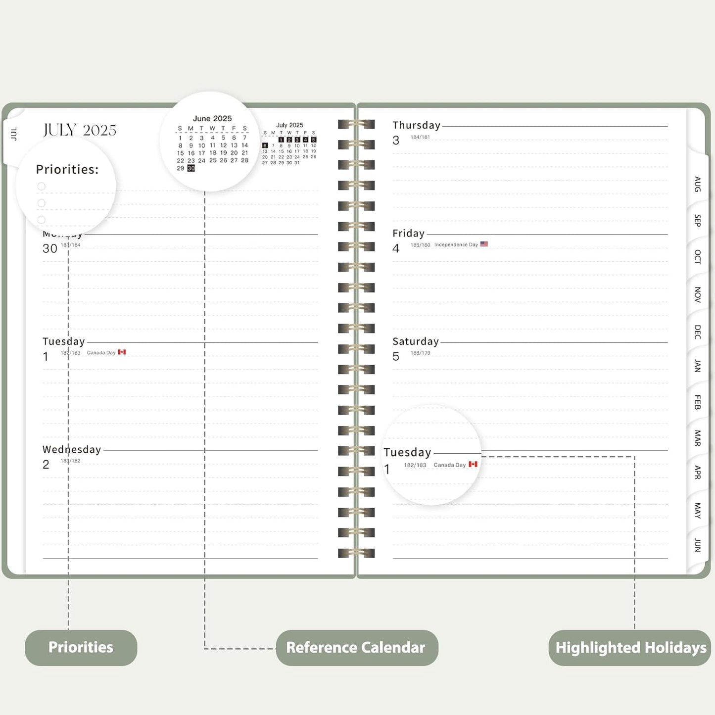 Planner 2025-2026, Weekly and Monthly Calendar Academic Planner (July 2025 - June 2026), Hardcover Teacher School Student Agenda with Tabs, Ideal for School Office Supplies, A5 (6.3" x 8.5") - Green