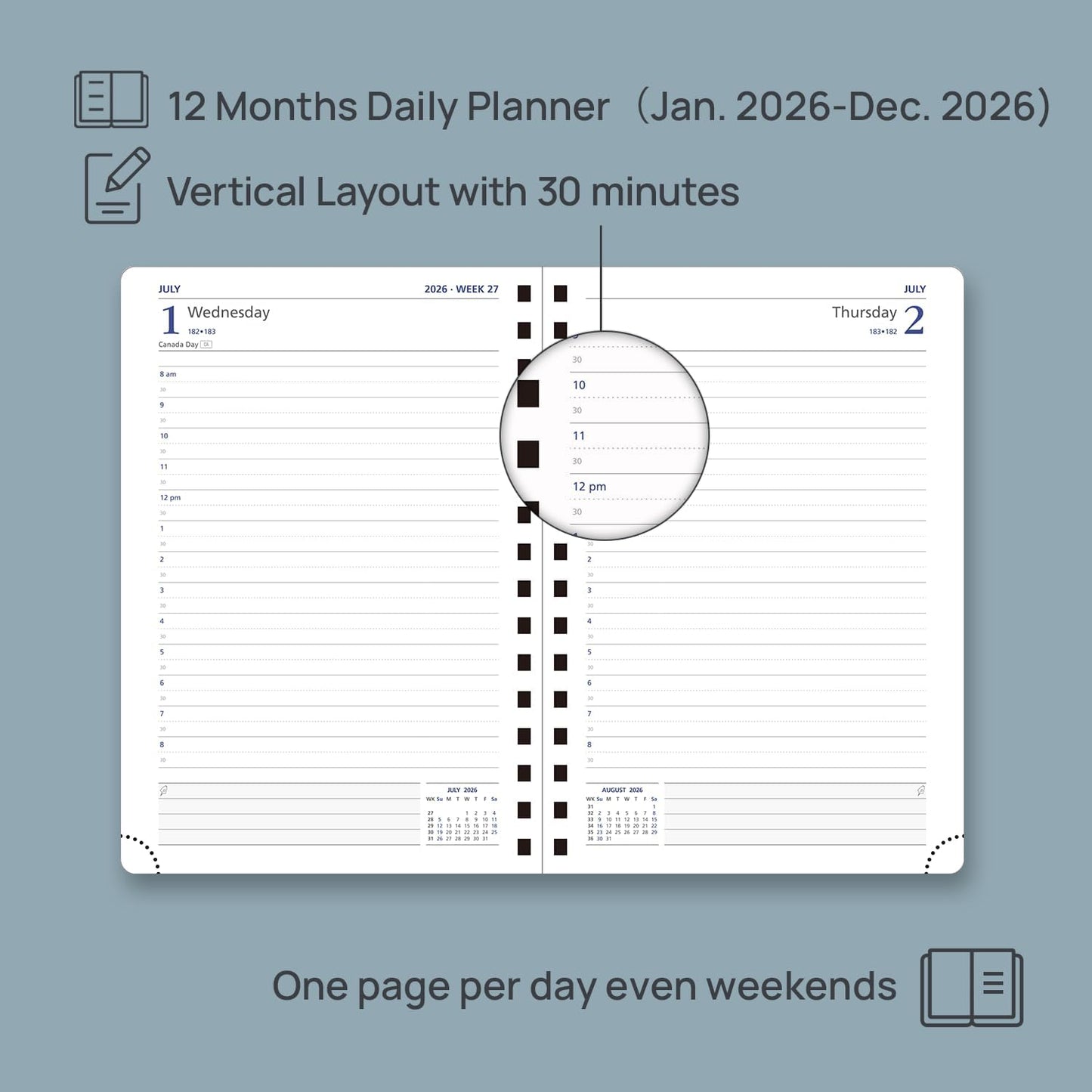 POPRUN 2026 Daily Planner One Page per Day (Medium 6'' x 8.5'') - 12 Months Calendar Appointment Book with Hourly Slots, Inner Pocket, Monthly Tabs, Pen Holder - Claret