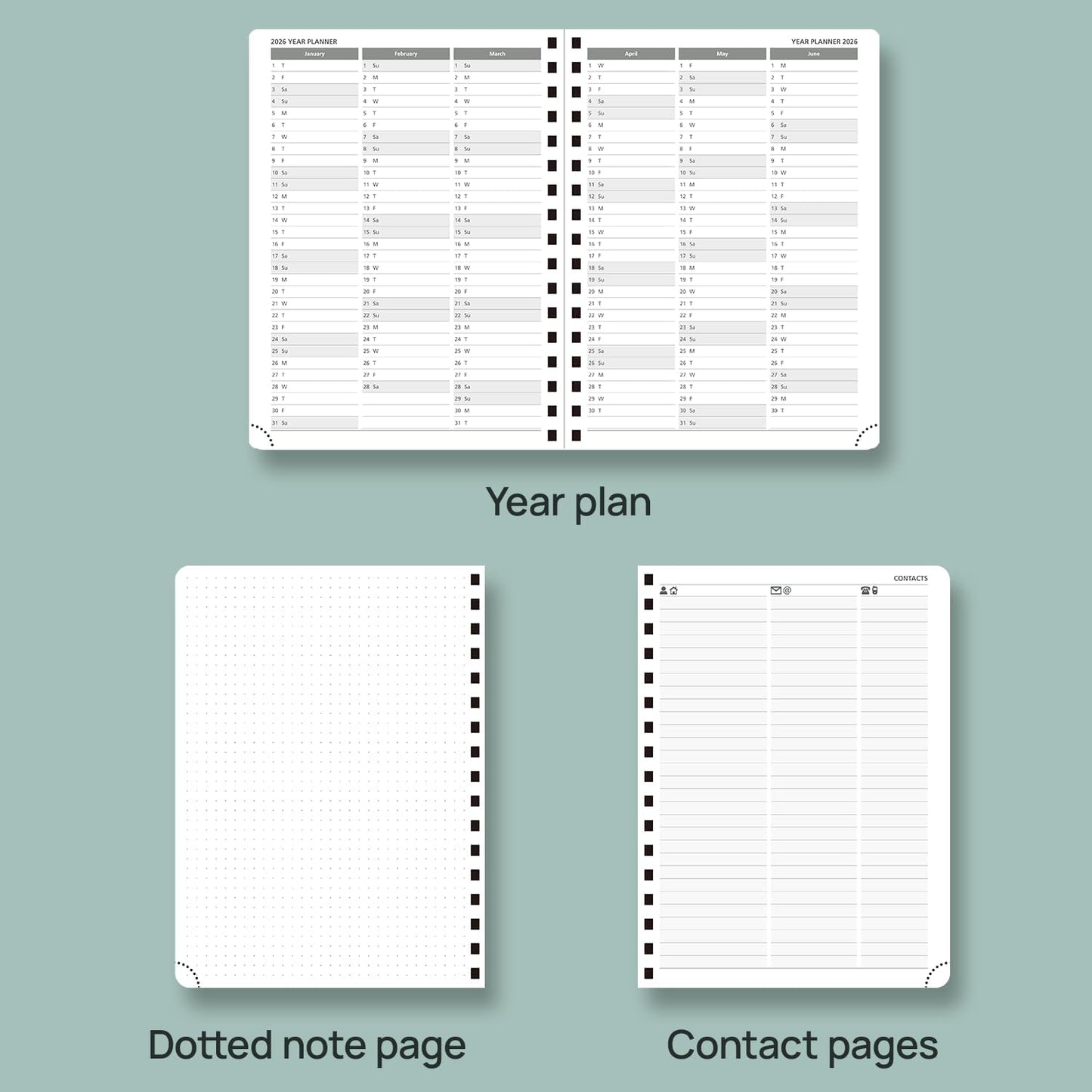 POPRUN Planner 2025-2026 Weekly Notebook (Medium 8.5''x 6.5''), Academic Calendar (JUL.25 - JUN.26) Appointment Book with Monthly Tabs, Spiral Soft Cover, Inner Pocket, 100 GSM - Petrol