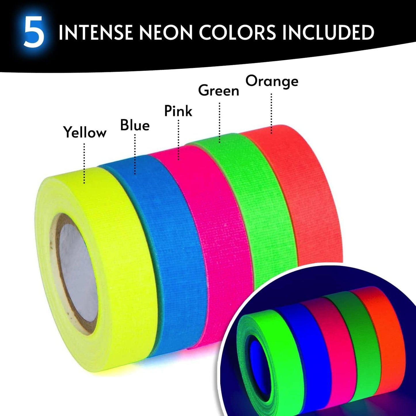 Glow King Blacklight Reactive Glow Tape | Premium UV Fluorescent Neon Party Gift for Events | Multipurpose Luminous Colored Tape for Room Decoration | Glow in The Dark Cloth Tape – 0.5 in x 60 ft