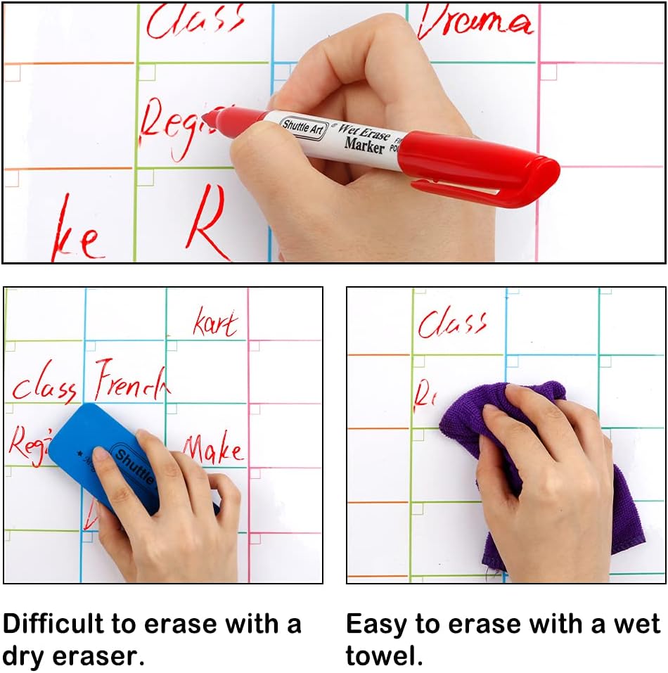 Shuttle Art Wet Erase Markers, 15 Pack Red 1mm Fine Tip Smudge-Free Markers, Use on Laminated Calendars, Overhead Projectors, Schedules, Whiteboards, Transparencies, Glass, Wipe with Water