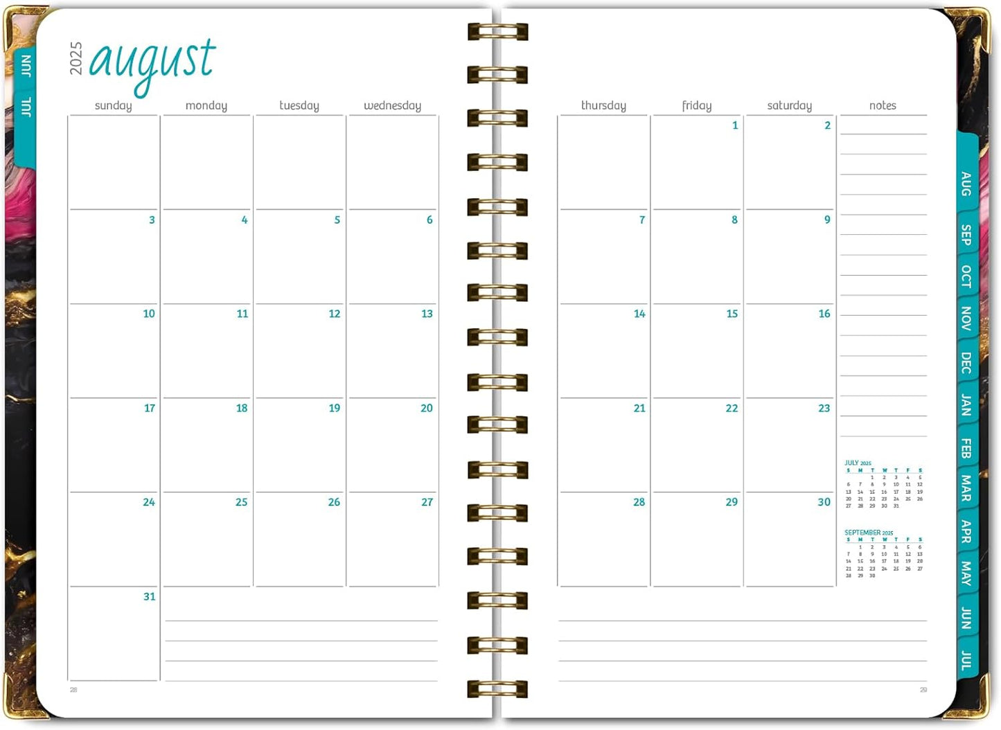 HARDCOVER Academic Year 2025-2026 Planner: (June 2025 Through July 2026) 5.5"x8" Daily Weekly Monthly Planner Yearly Agenda. Bookmark, Pocket Folder and Sticky Note Set (Dark Gold Marble)