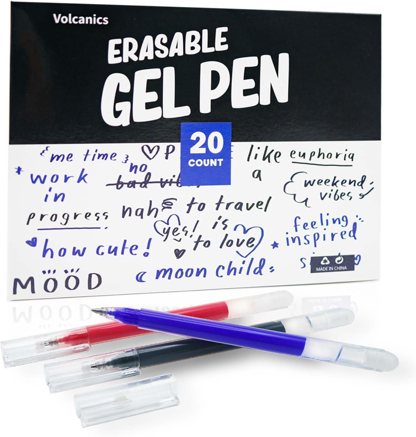 Volcanics Erasable Gel Ink Pens 20 Pack – 7 Black, 7 Blue, 6 Red Heat Erasable Gel Pens, Smooth Writing, No Refill Needed, No Smudge, for School, Office, Journaling, Note Taking