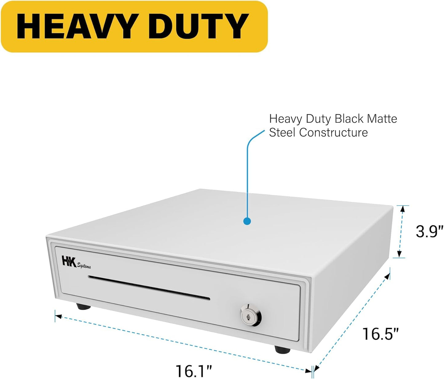HK SYSTEMS 16inch Heavy Duty POS Cash Drawer with 5Bill/5Coin, Removable Coin Compartment, 24V, RJ11, Single Large Media Slot, White