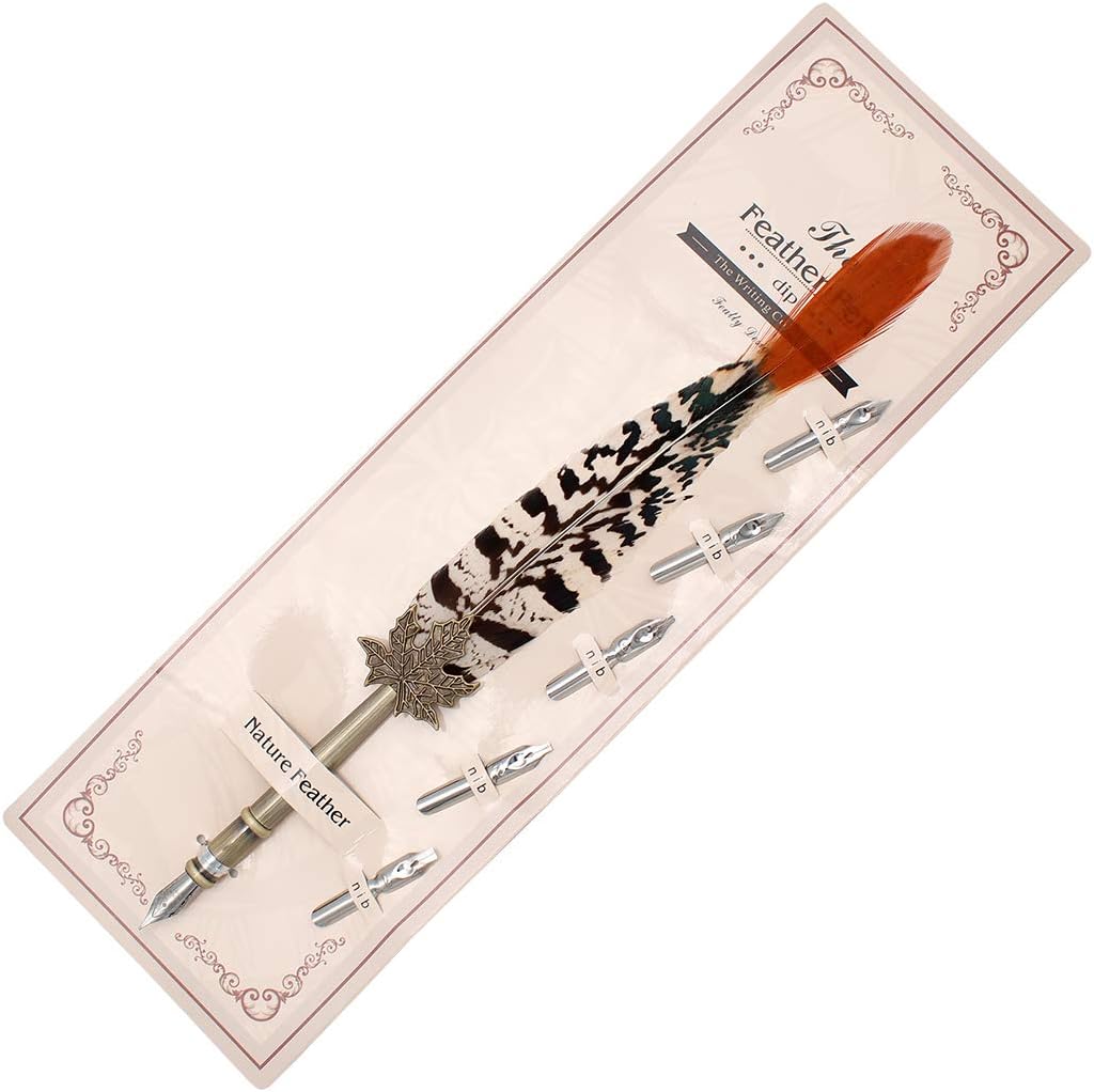 Gullor Quill Handcraft Feather Dip Pen Stem Metal Nib Pen Writing Quill with 5 Extra Nibs, Style B