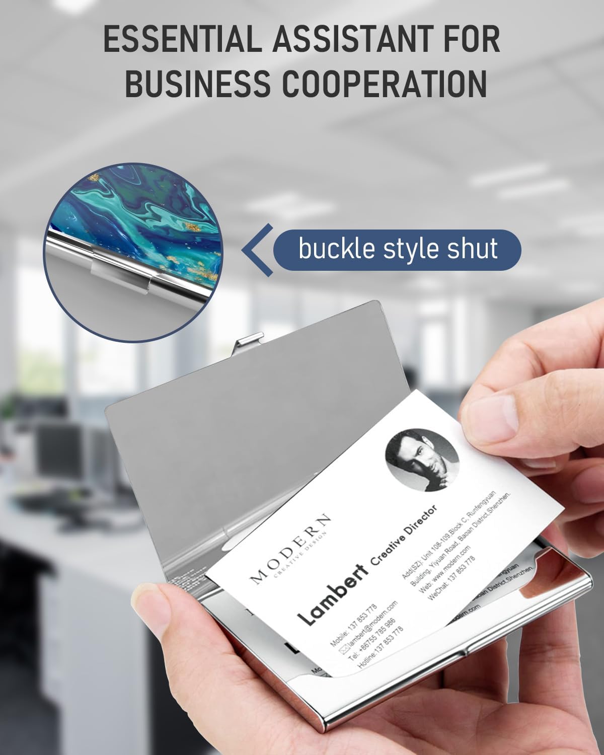 Business Card Metal Slim Organizer, Professional Stainless Steel Square Pocket Wallet for Office Workers, Compact and Portable for Pockets (Dark Blue Marble)