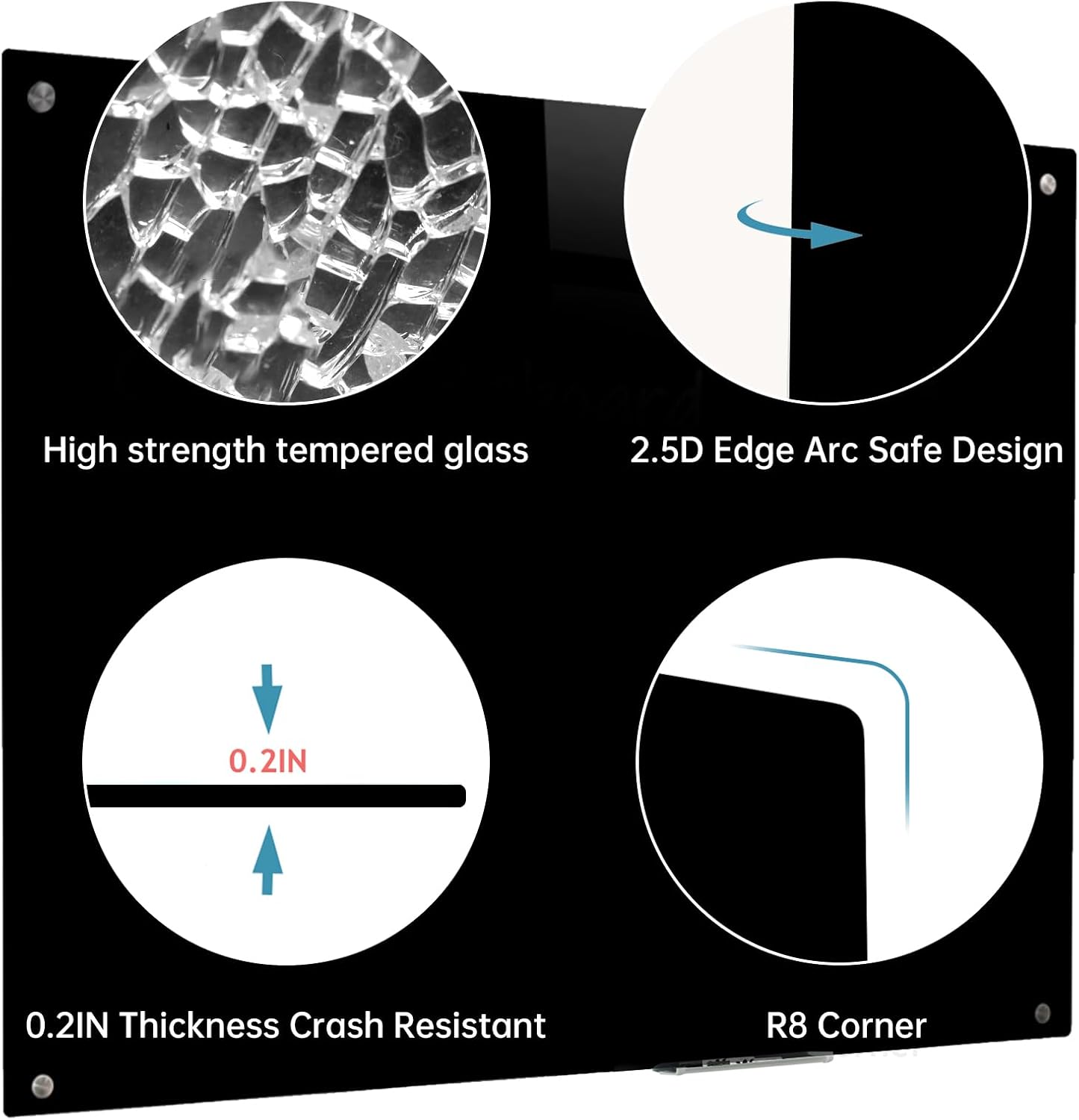 Glass Black Board Magnetic Dry Erase Board - Black Board 48 x 36 Inches Wall Mounted Glass Blackboard, Large Frameless Glass Black Board for Wall Office, Home & School