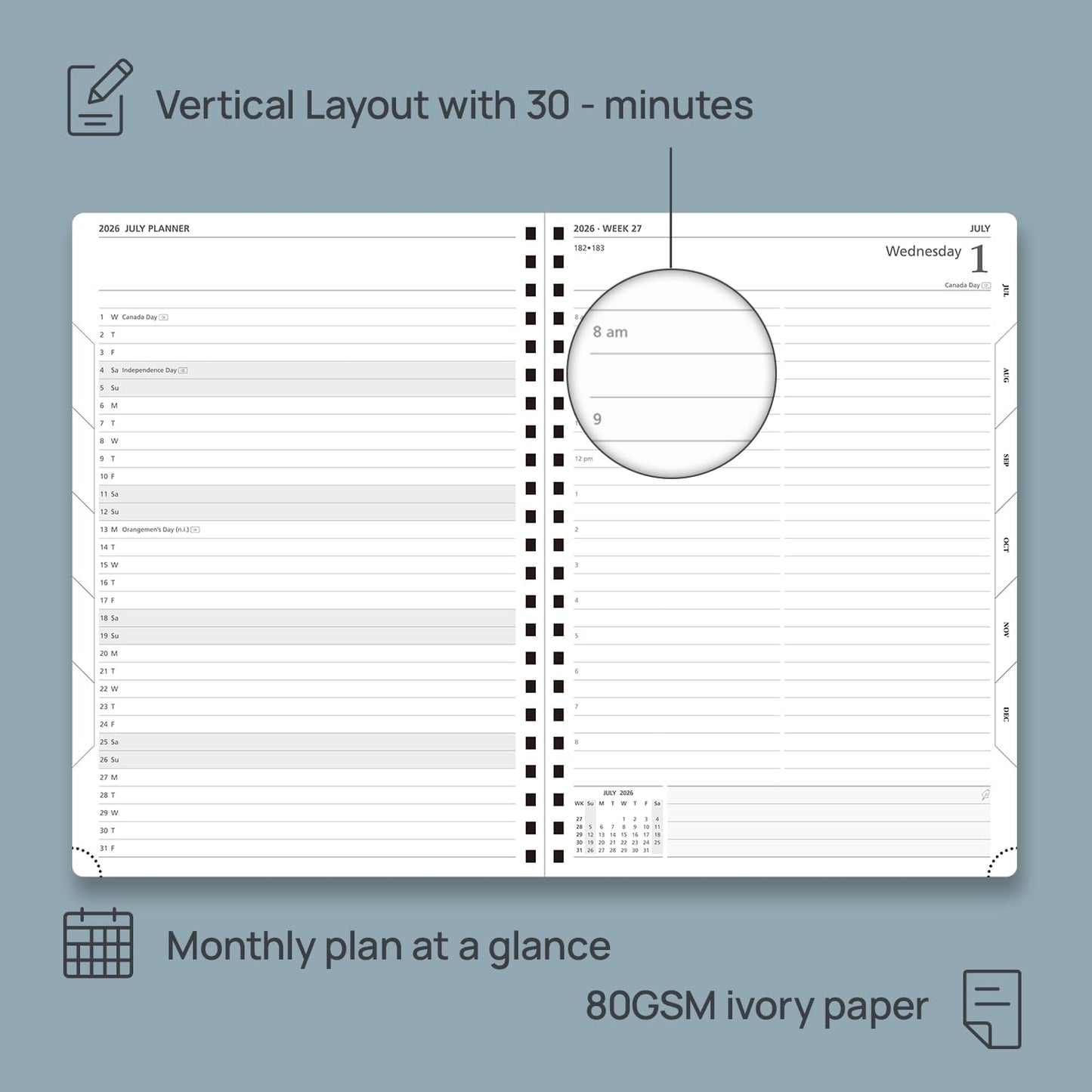 POPRUN 2026 Daily Planner One Page A Day - [A4 Large Size 8.5" x 12" -Spiral Hard Cover], Agenda 2026 Hourly Appointment Book with Monthly Calendar, Pen Holder, Ivory Paper - Orange