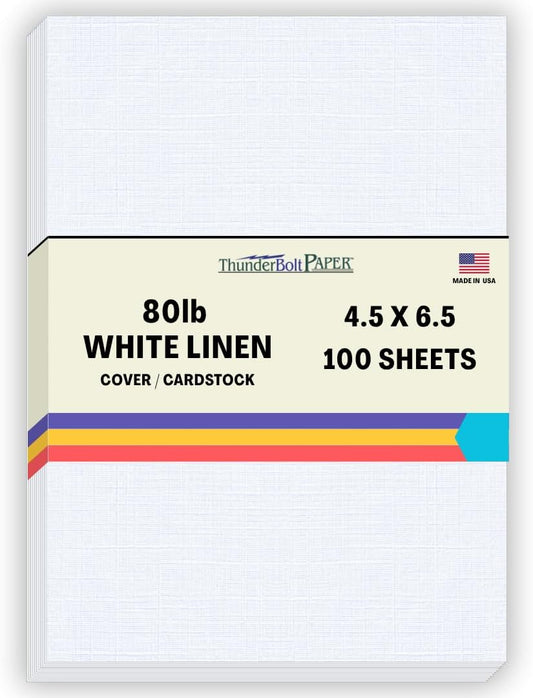 100 Bright White Linen 80# Cover Paper Sheets - 4.5 X 6.5 Inches Invitation 1/2" Smaller than 5X7 Size - 80 lb/pound Card Weight - Fine Linen Textured Finish