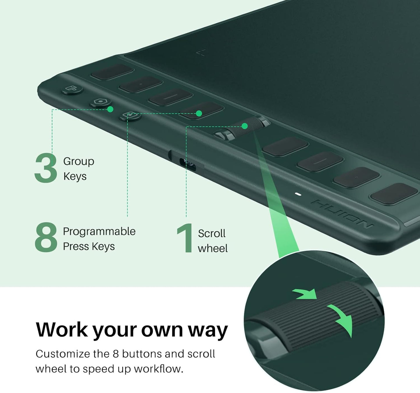 HUION Inspiroy 2 Medium Drawing Tablet with Scroll Wheel 8 Customized Keys Battery-Free Stylus for Digital Art, Design, Sketch, 9x5inch Graphics Tablet Works with Mac, PC & Mobile, Green