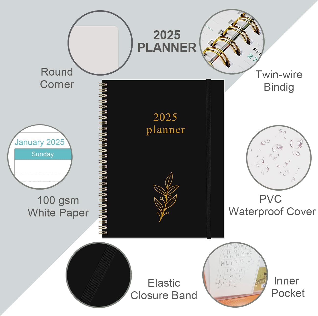 2025 Planner - Planner 2025 from January 2025 to December 2025 with 12 Monthly Tabs, Flexible Cover, Inner Pocket, 8.5" x 11", Leaf Black