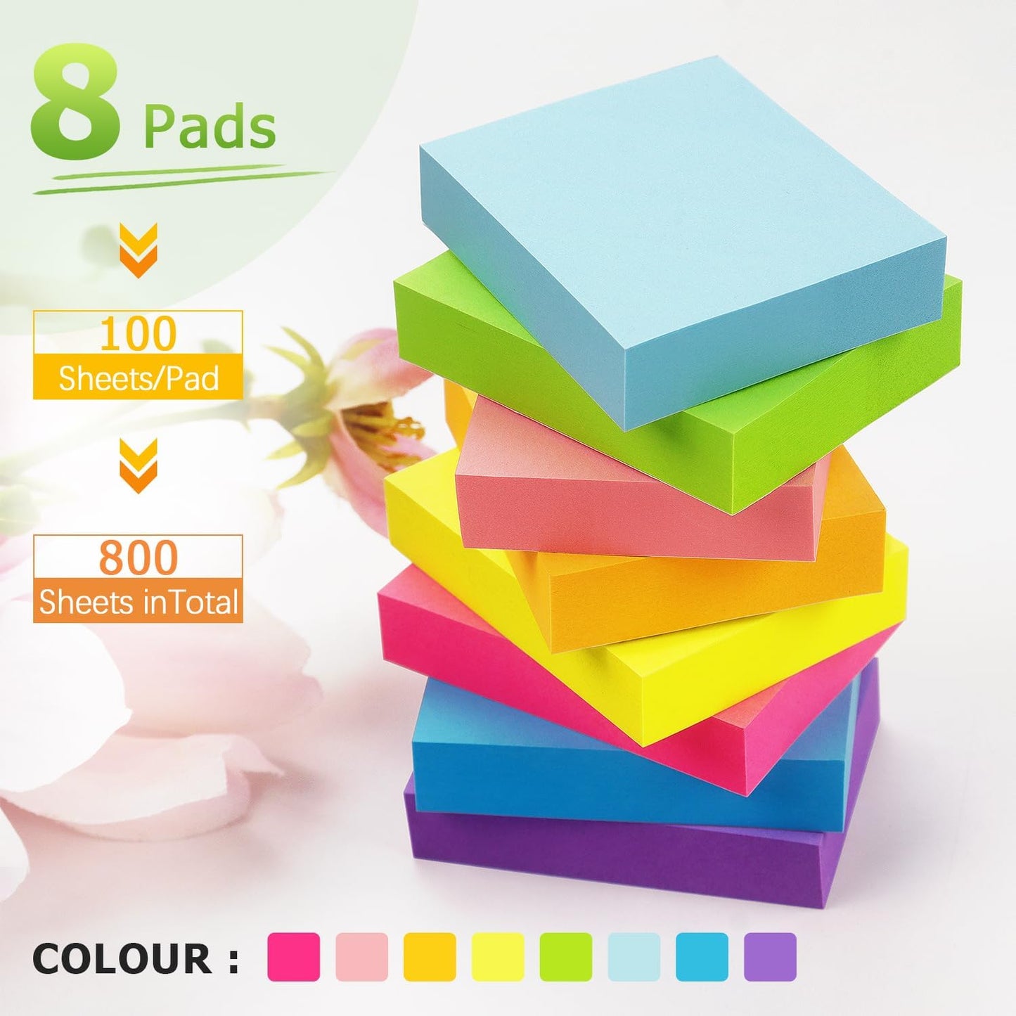 Sticky Notes 1.5x2 inch Bright Colors Self-Stick Pads 8 Pads/Pack 100 Sheets/Pad Total 800 Sheets