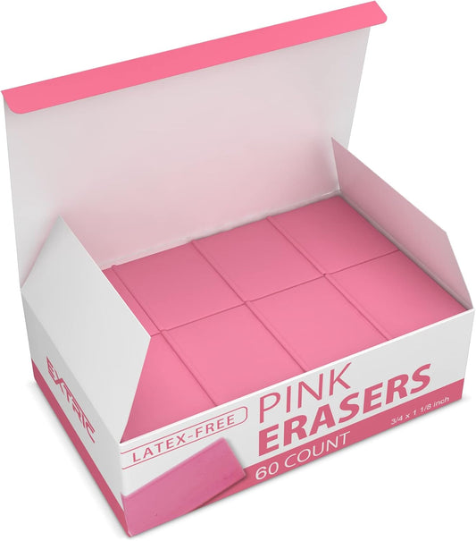 Pink Erasers – Square Eraser, Erasers for Kids, Rubber Eraser, 60 Count, Erasers Bulk for School Supplies, Art, and Office Use